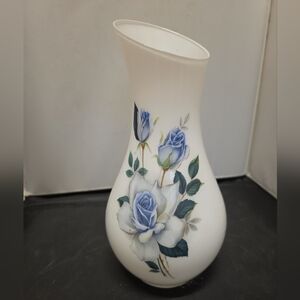 Vintage West Virginia Glass Blue Rose White Frosted Flower Vase 10"